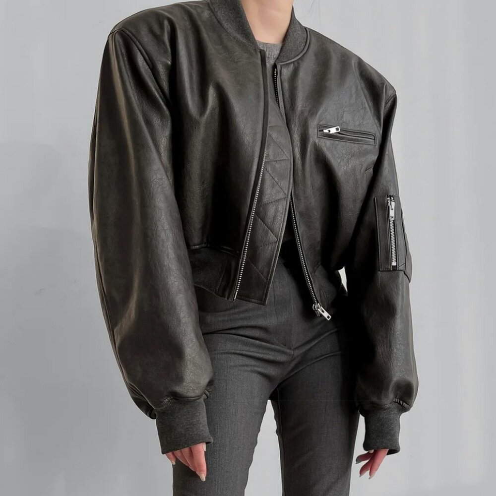 The Frankie Shop Gae Faux Leather Cropped Bomber Size S